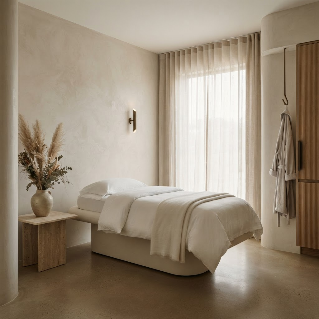 Serene treatment room with warm plaster walls and soft natural light