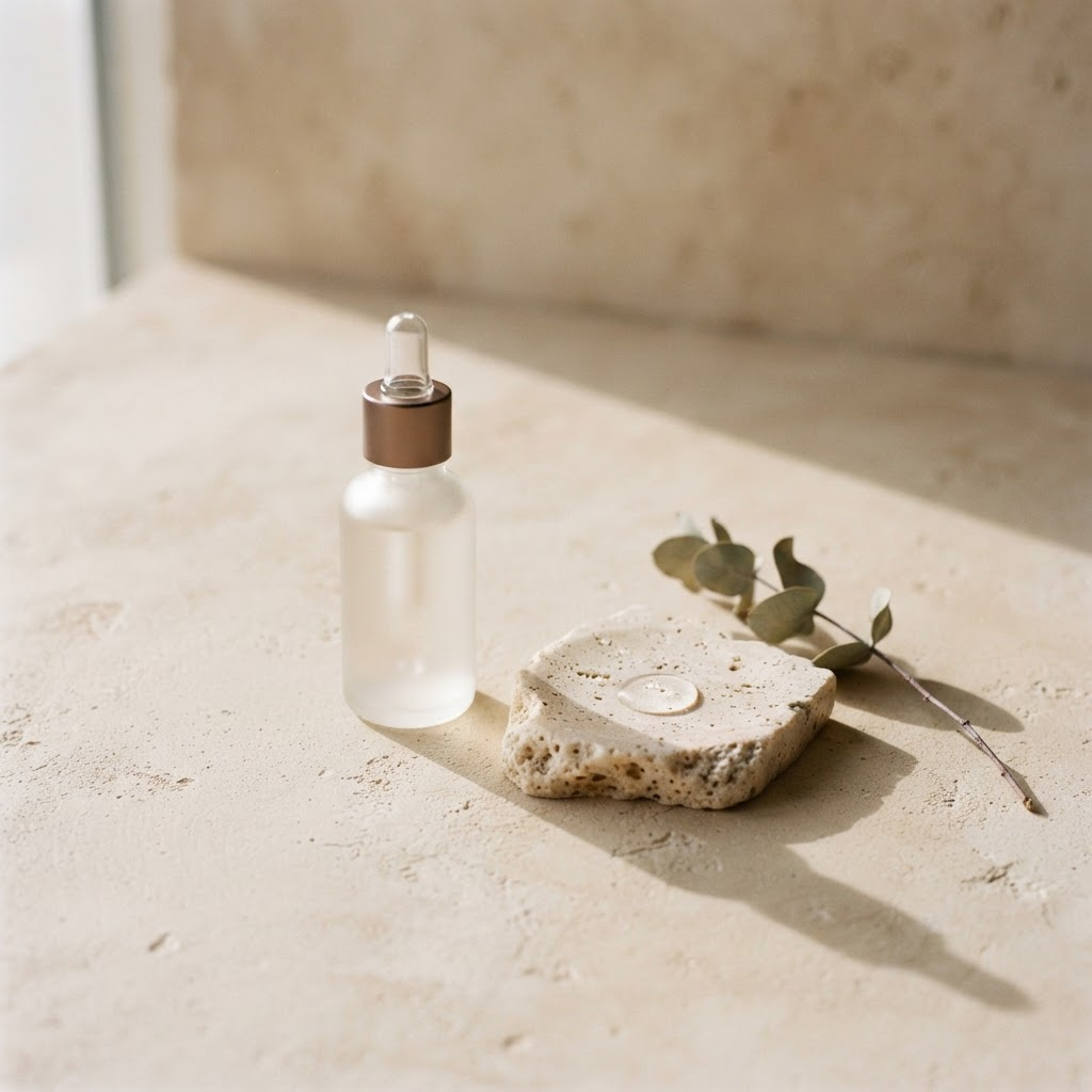 Still life of an unbranded serum dropper on a warm plaster surface