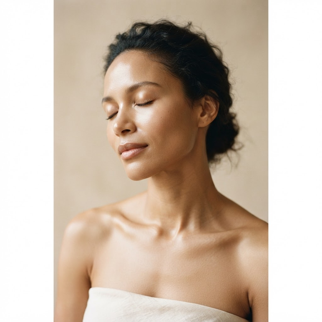 Woman with luminous, healthy skin resting with her eyes closed in soft daylight