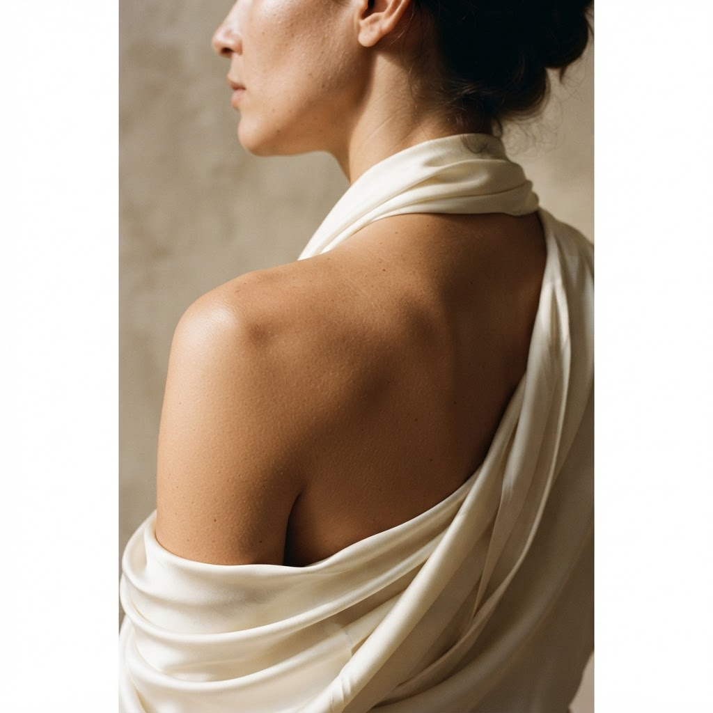 Fine-art study of a shoulder and collarbone draped in ivory silk