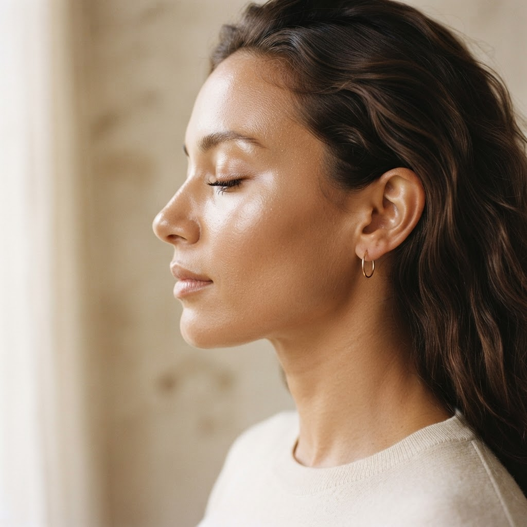 Close-up profile of a woman with luminous, healthy skin